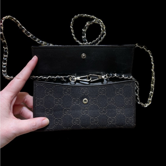 Gucci Canvas Monogram & Leather Snap Wallet with Black & Silver Crossbody Chain - Picture 5 of 16
